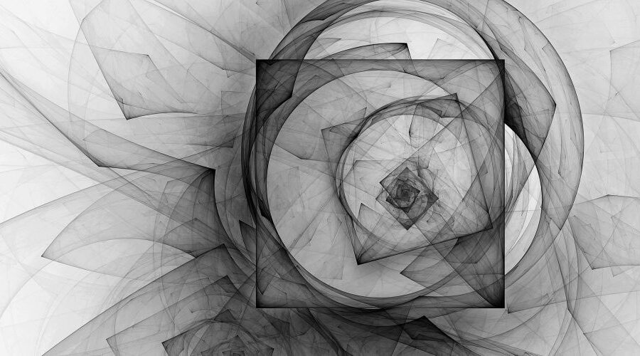 Black and white abstracted image of layers of circles and squares