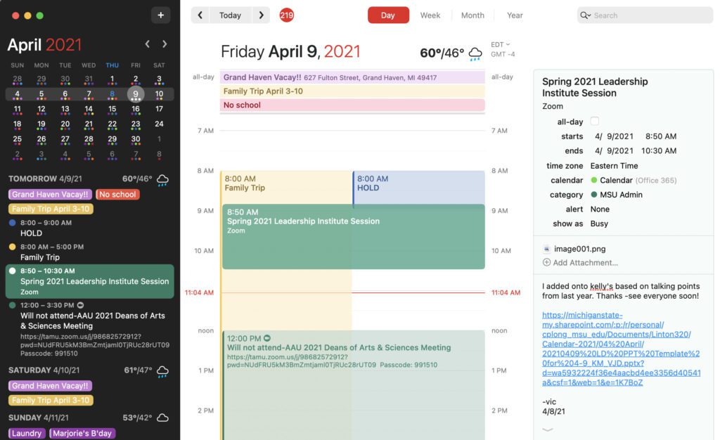 Screenshot of my Fantastical calendar for April 9, 2021, with the event of the AAN workshop selected and a link to the working document for the event.