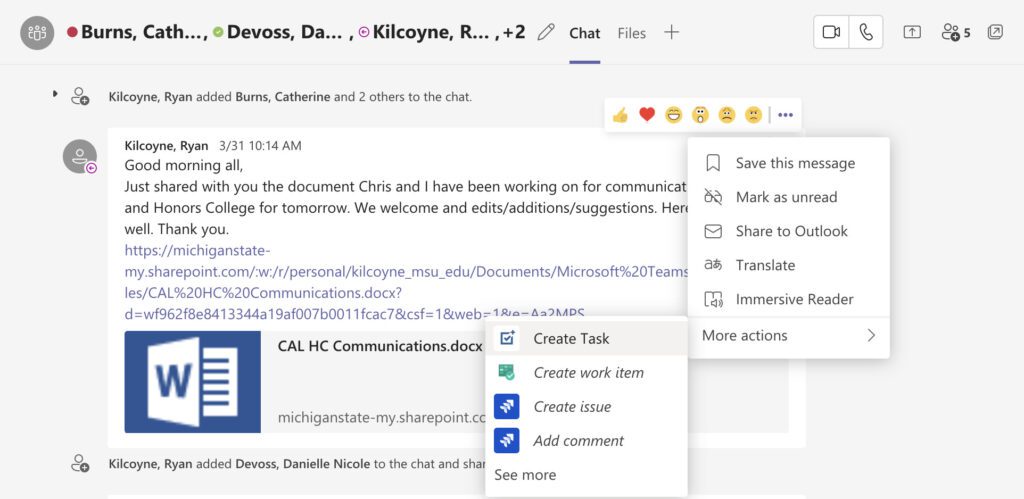 Conversation in the Teams application, with the Create Task option selected to demonstrate how easy it is to set up a To Do linked to a Teams chat.