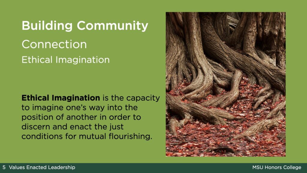 Light green slide with the title: Building Community at the top, under which is the value: Connection, and the practice of Ethical Imagination. There is an square image on the right of the slide of tree roots with red leaves on the ground. The text about ethical imagination reads: "Ethical Imagination is the capacity to imagine one’s way into the position of another in order to discern and enact the just conditions for mutual flourishing."