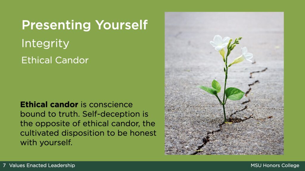 Light green slide with the title: Presenting Yourself at the top, under which is the value: Integrity, and the practice of Ethical Imagination. There is a portrait shaped image on the right of the slide of a white flower growing out of a crack in grey asphalt. The text about ethical candor reads: "Ethical candor is conscience bound to truth. Self-deception is the opposite of ethical candor, the cultivated disposition to be honest with yourself."