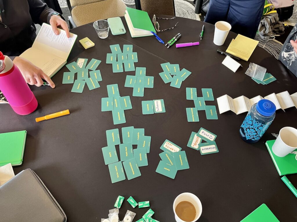 A values framework from the Office of the Provost workshop. Green cards with yellow lettering are in clusters on a table with a black tablecloth and cups of coffee, water bottles, and notebooks on top. The clusters include the following groupings: Fun, Humor, Authenticity; Candor, Communication, Transparency, Clarity; Public Good, Representation, Diversity, Fairness, Inclusivity, Service, Accessibility, Equity, Social Justice; Intentionality, Commitment, Courage, Accountability, Empowerment; Trust surrounded by Respect, Openness, Patience, Appreciation; Leadership and Influence; etc.